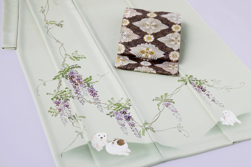 作家 雀と柳　 訪問着 訪問着［仔犬と藤 裏葉柳色］ ｜ 京ごふく二十八